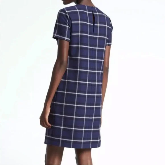 Banana Republic Plaid Shift Dress Blue White Short Sleeve Office Career Work - Picture 2 of 7